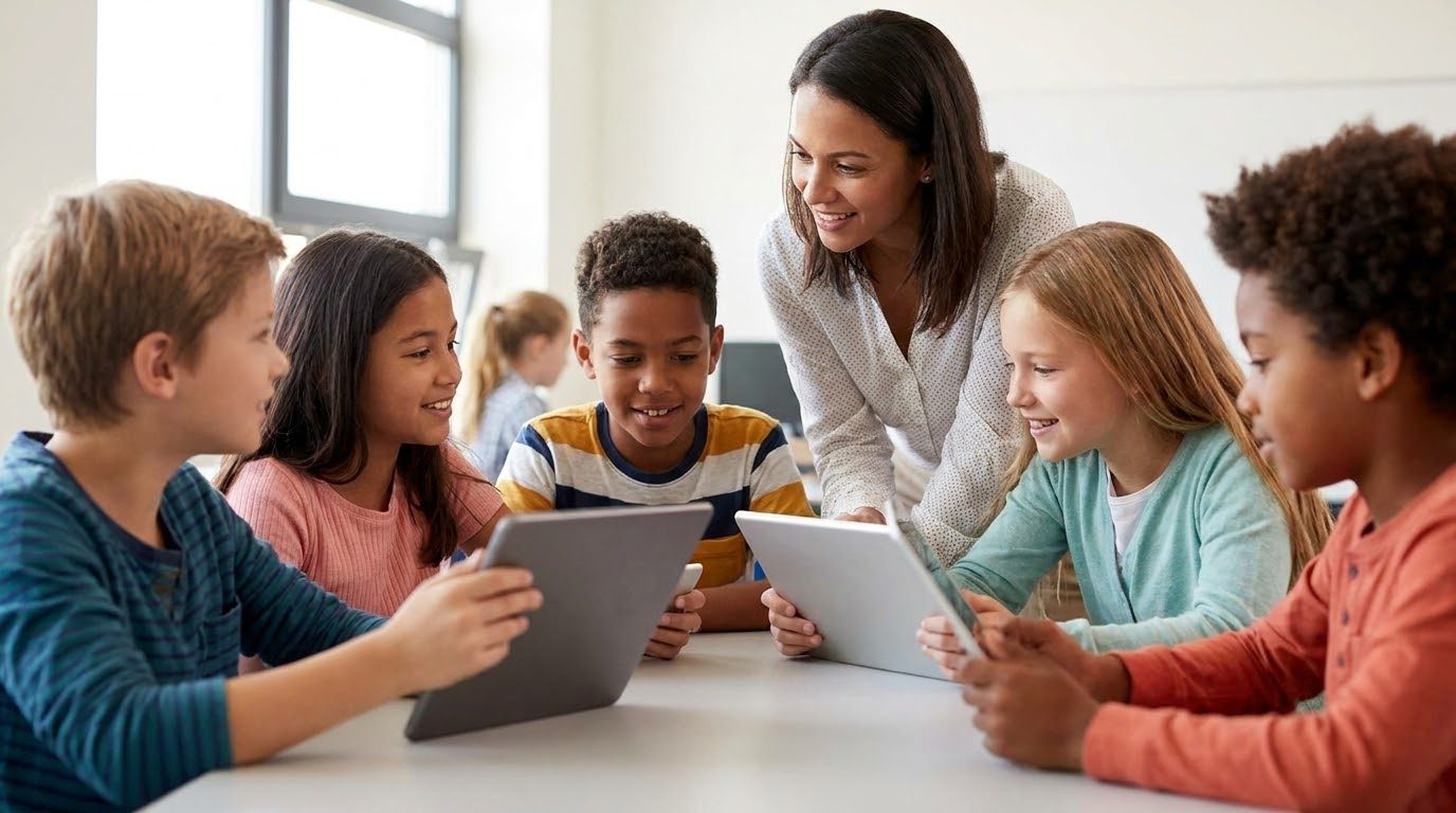 A teacher working with students using tablets